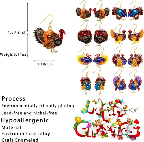 Miniatura 2 de Thanksgiving Earrings for Womens, Enameled Xmas Holiday Jewelry Turkey Drop Dangle Earrings