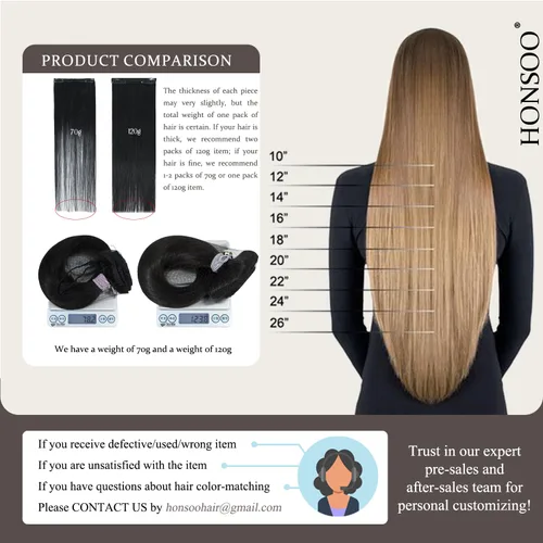 Miniatura 5 de Honsoo Extensiones de cabello humano real de color marrón con pinzas, marrón castaño, 15 pulgadas, 70 g, 7 unidades, cabello lacio sedoso y marrón