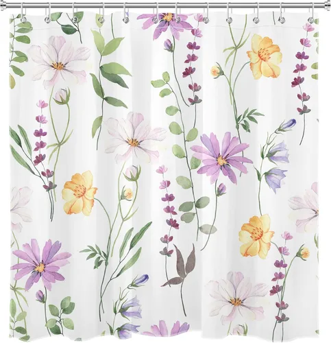 Miniatura 7 de Cortina de ducha de flores silvestres amarillas, moradas, florales y verde salvia con hojas de eucalipto sobre blanco, juego de cortina de ducha