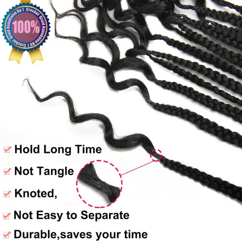 Miniatura 5 de Trenzas de ganchillo para mujer, 144 raíces/paquete, trenza negra con extremos rizados, trenzas de caja de 14 pulgadas, 24 mechones por pieza