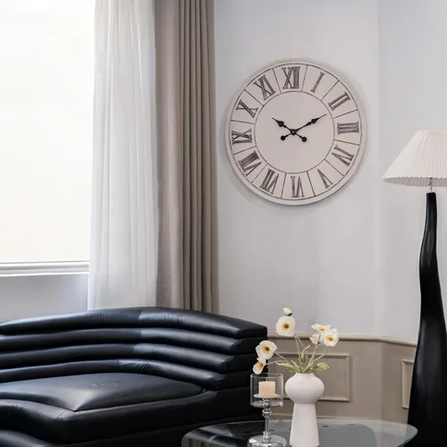 Miniatura 8 de Reloj de pared grande de estilo granja - 24 pulgadas, blanco rústico, número romano envejecido, cara de metal, funciona con pilas, reloj decorativo