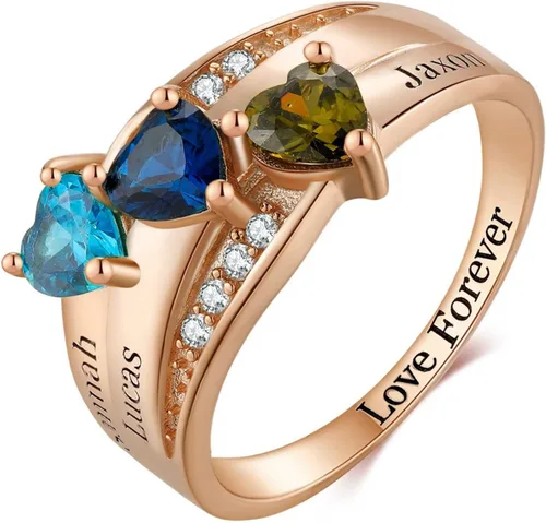 Miniatura 2 de Anillos de piedra natal personalizados para madre, oro real de 10 quilates, 14 quilates, 18 quilates, con nombre personalizado con piedra natal de 2