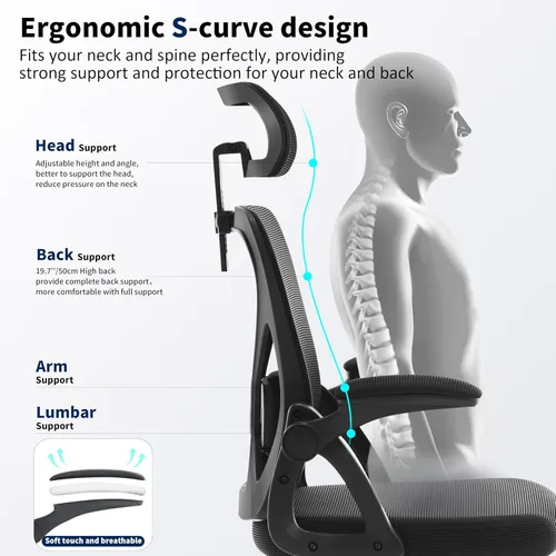 Miniatura 6 de Silla de oficina, silla de escritorio ergonómica con soporte lumbar ajustable, silla de computadora de malla de 400 libras, respaldo alto con Negro