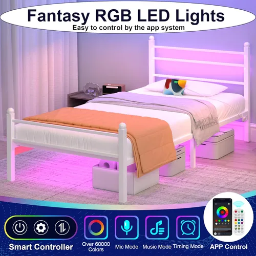 Miniatura 3 de J.Fkne Base de cama individual con luces LED y estación de carga, plataforma de metal con cabecero, listones de metal resistentes, no necesita