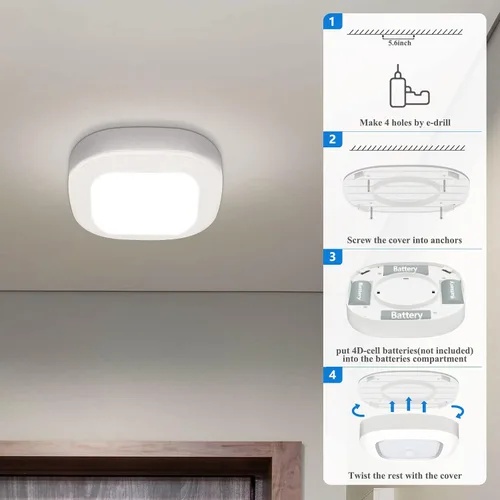 Miniatura 7 de WhitePoplar Luz de armario, luz de techo LED con sensor de movimiento a batería, 300LM para interiores, inalámbrica, para pasillo, garaje, escalera