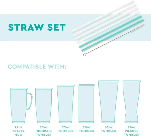 Miniatura 5 de Swig Life Juego de popotes reutilizables con purpurina transparente + popote alto Aqua y cepillo de limpieza, cada popote es de 10.25 pulgadas