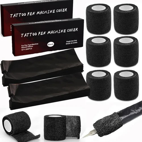 Miniatura 8 de 200 cubiertas para máquina y 4 cintas de agarre, cubiertas para bolígrafos de tatuaje Urknall para cubrir agarre, fundas de barrera, suministros
