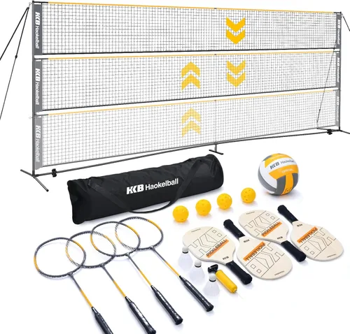 Haokelball Juego de red de bádminton, voleibol y pickleball, sistema de redes todo en uno portátil de 22 pies para interior y exterior con altura