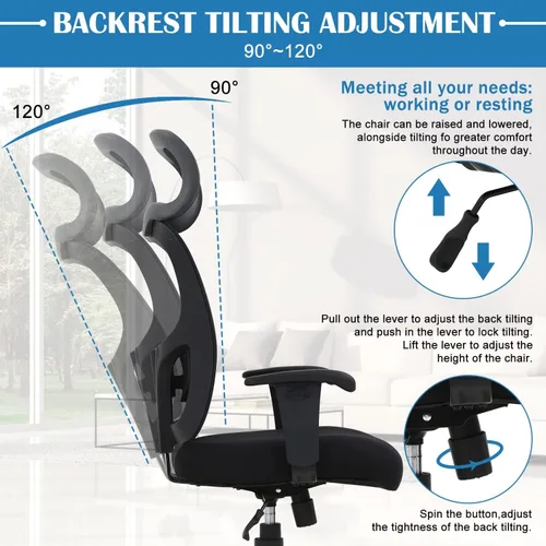 Miniatura 6 de Silla de oficina ergonómica, silla de escritorio de computadora de altura ajustable de 400 libras con soporte lumbar de esponja ajustable, silla