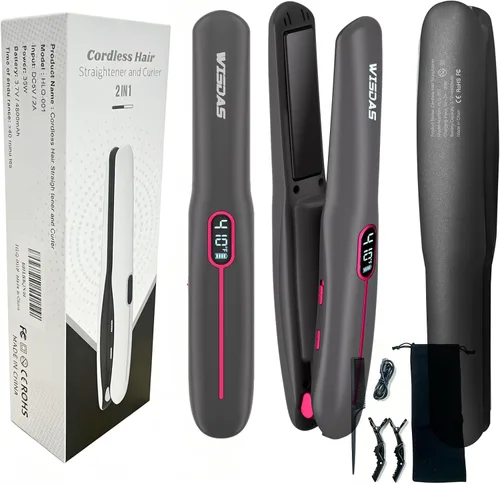 Cepillo alisador de pelo inalámbrico, mini plancha plana recargable con control digital de temperatura (320-410°F), placas de titanio no dañadoras