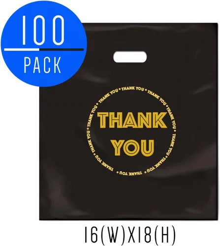 Miniatura 2 de HIPOLI Bolsas de plástico para mercancías de Thank You, paquete de 100, 16 x 18 pulgadas, bolsas de compras negras brillantes de 2 mil para pequeñas