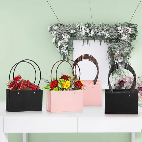 Miniatura 8 de DEAYOU Paquete de 12 bolsas de regalo de flores de papel kraft, caja de ramo con asa, pequeñas bolsas de papel con forro impermeable para arreglos