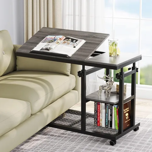 Miniatura 12 de Tribesigns Mesa C de altura ajustable con ruedas, mesa auxiliar móvil para aperitivos con tablero de dibujo inclinable, soporte para sofá, mesita