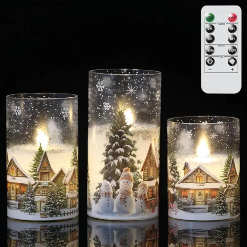 Miniatura 9 de Velas de muñeco de nieve de vidrio sin llama con pilas, control remoto y temporizador, cera real, LED, parpadeantes, pilar de velas blancas, luz