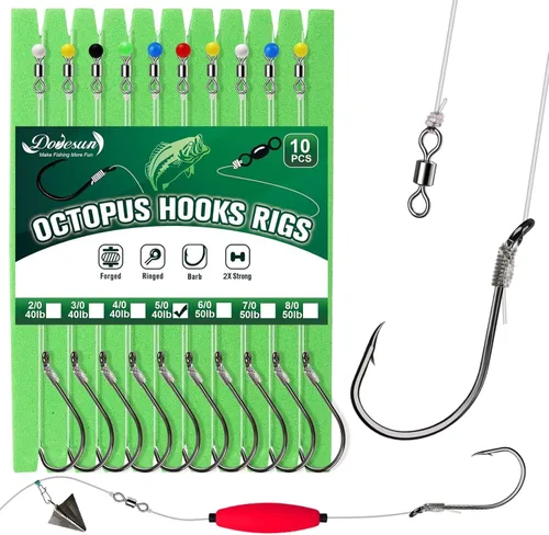 Miniatura 11 de Dovesun 10 piezas de anzuelos pre-ensartados para bagre, anzuelos circulares/de pulpo para bagre, anzuelos circulares offset para pesca de agua