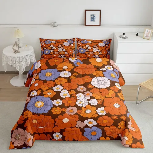 Miniatura 8 de Juego de ropa de cama con estampado floral bohemio, tamaño individual, diseño retro de flores groovy, 60S y 70S, juego de edredón de flores hippie