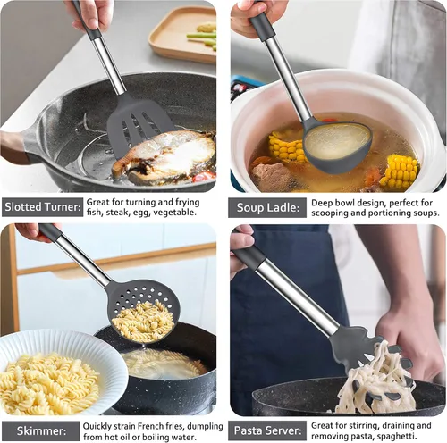 Miniatura 3 de LIANYU Juego de 43 utensilios de cocina de silicona, espátula con soporte, resistentes al calor, utensilios de cocina antiadherentes, mango de acero