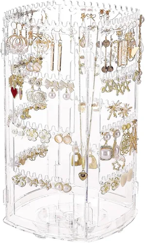 SuoXing Organizador de aretes giratorio de 360 grados y exhibidores de joyas, estante transparente para aretes, collares, pulseras, carrusel, torres