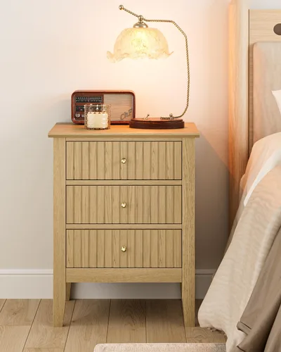Miniatura 11 de Mesita de noche acanalada, mesa auxiliar de granja con 3 cajones, mesa auxiliar de acento lateral estilo Mid Century Modern, mesita de noche