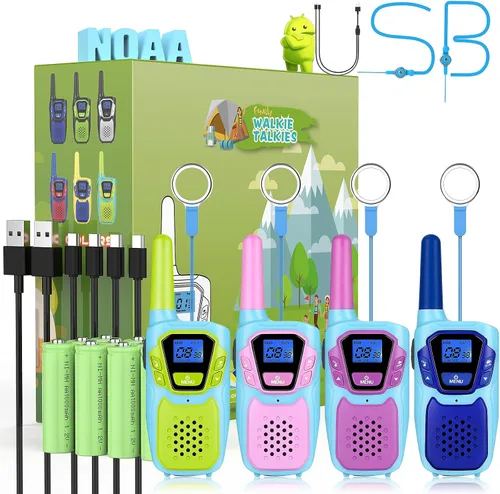 Topsung Walkie Talkies para Niños de Largo Alcance Walkie-Talkie para Adultos Recargables Paquete de 4 con Cordón NOAA USB, Juguetes de Radio