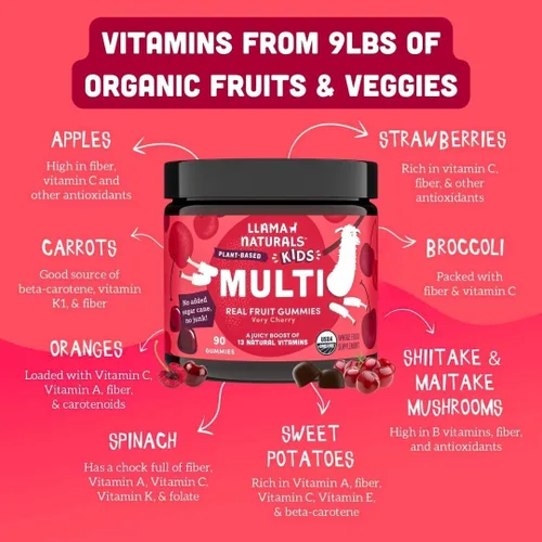 Miniatura 5 de Llama Naturals - Vitaminas en gomitas de fruta real para niños, sin caña de azúcar añadida, betacarotenos, multivitamínico de alimentos integrales