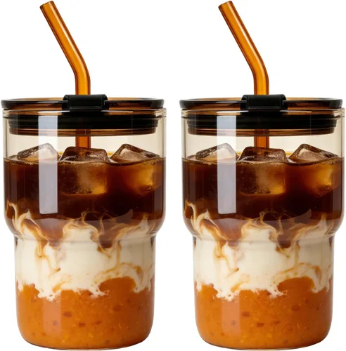 Miniatura 11 de Luxfuel Vaso de vidrio de 16 onzas con tapa y popote, taza de café helado reutilizable y vaso para batidos, vidrio de borosilicato a prueba de fugas