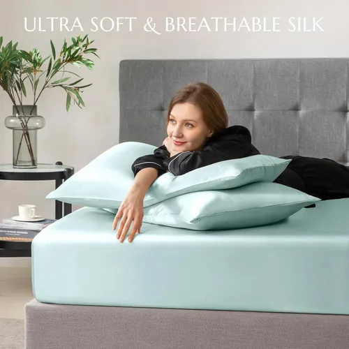 Miniatura 45 de THXSILK Juego de sábanas bajeras de 100% seda de morera, 3 piezas de seda 7A+, transpirable, suave, sábana bajera de 16 pulgadas de profundidad, 2