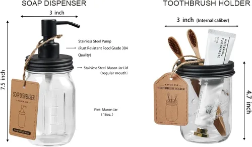 Miniatura 7 de SheeChung Mason Jar - Juego de accesorios de baño, 2 piezas, dispensador de jabón, soporte para cepillo de dientes, decoración de baño, decoración