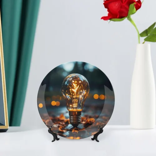 Miniatura 6 de Placa decorativa para montaje en pared, bombilla abstracta, placa redonda de cerámica con soporte, placas para el hogar, platos de postre