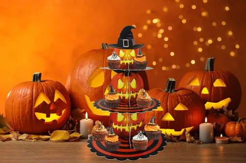 Miniatura 6 de Soporte para cupcakes de Halloween de 3 niveles para mesa de postre, torre de calabaza, bandeja de cartón naranja para 24 cupcakes, decoraciones
