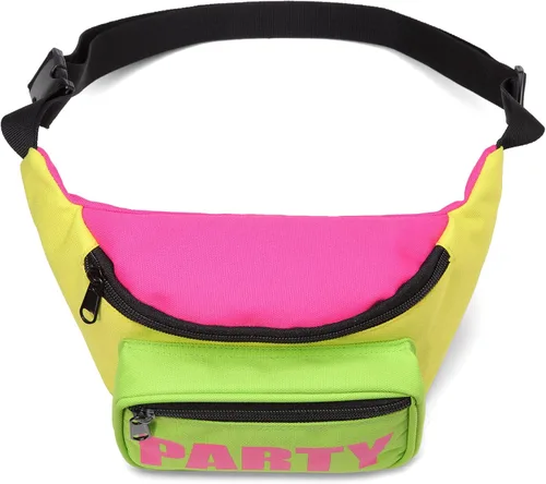 Miniatura 2 de MIAIULIA Riñonera de cintura neón de los años 80 para disfraces de los años 80, festivales de viaje, Amarillo+Verde Fluorescente, 80s