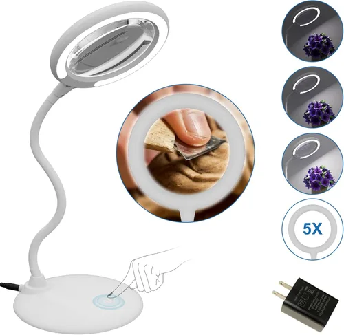 Lupa con luz y soporte, lámpara de aumento 5X, lupa de escritorio manos libres, lupa de escritorio con luz para personas mayores, baja visión,