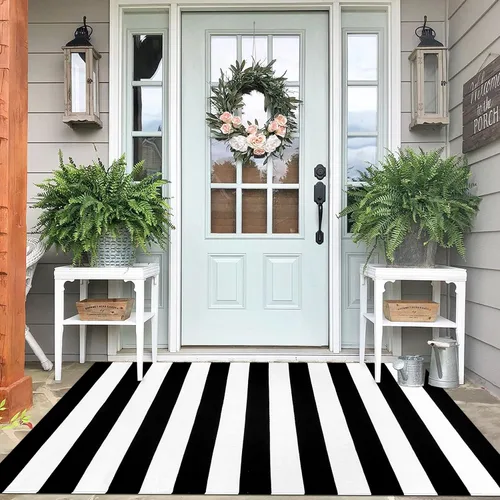 IOHOUZE Alfombra a rayas blancas y negras – Tapete de 4 x 6 pulgadas para puerta delantera al aire libre, alfombra lavable para decoración de porche