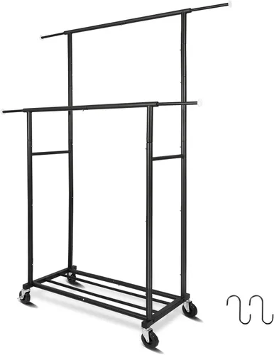 Fishat Soporte portátil negro doble barra perchero con ruedas enrollables y bloqueables móvil, 48 pulgadas de ancho x 15 pulgadas de profundidad x