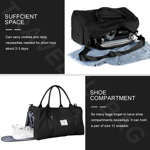 Miniatura 5 de Bolsa de gimnasio para mujeres y hombres, bolsa de viaje deportiva con compartimento para zapatos y bolsillo húmedo, A-Negro