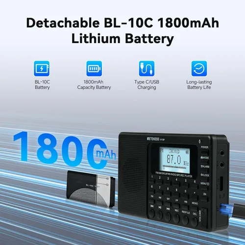 Miniatura 4 de Retekess Radio de onda corta V115, Radio Digital AM FM, receptor de onda corta con batería recargable de 1000 mAh, preajustes, reproducción