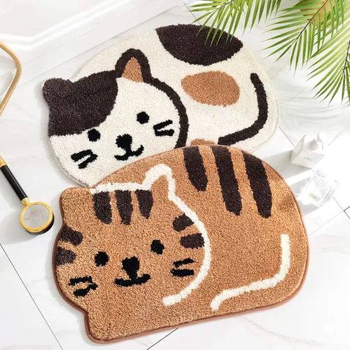 Miniatura 7 de Ankah Tapete para ducha, bañera, baño, alfombra de baño, antideslizante, absorbente, diseño adorable con imagen de gato, tapete suave seco, Beige
