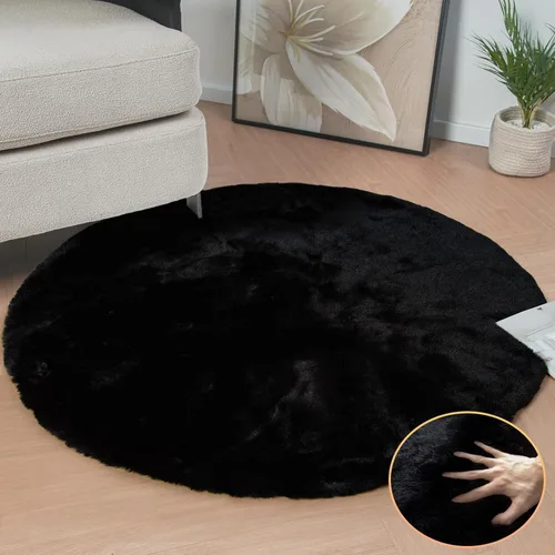 Miniatura 3 de ORINOVA Alfombra de piel peluda de conejo negro para dormitorio, alfombra circular lavable para sala de estar, alfombra redonda pequeña de 3 pies