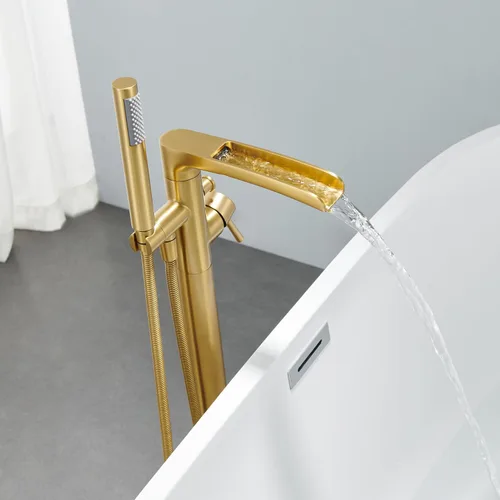 Miniatura 8 de Wowkk Grifo de bañera independiente en cascada de latón con mango único de latón cepillado con ducha de mano Oro cepillado