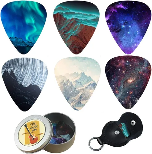 Miniatura 10 de Púas de guitarra Cheliz 12 púas de celuloide de calibre medio en una caja con soporte para púas. Regalo único de guitarra para bajo, guitarras Van