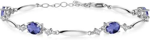 Miniatura 20 de Gem Stone King 925 Sterling Silver Gemstone Birthstone and White Created Sapphire Tennis Bracelet For Women Oval 7X5MM and 2MM 6 Inch + 1 Inch
