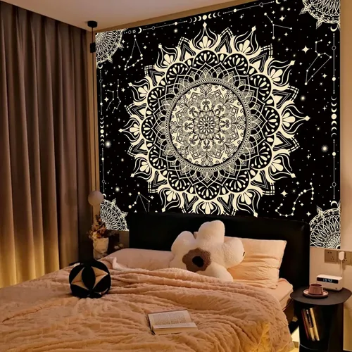 Miniatura 4 de Apdidl Tapiz bohemio de mandala negro para estética de dormitorio, decoración hippie, astrología espacial, arte de pared, tapices de techo, manta