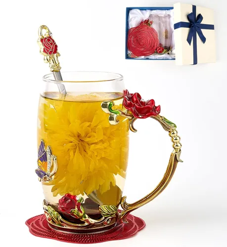 Miniatura 9 de Taza de té con flores, taza de café de vidrio transparente elegante con cuchara, caja de regalo para ella, mamá, esposa, abuela, niñas, amigas, idea