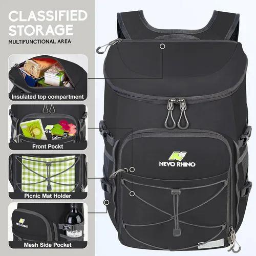Miniatura 6 de N NEVO RHINO Mochilas Enfriadoras Aisladas a Prueba de Fugas 36/54 Latas, Mochila Enfriadora Aislada Portátil Ligera Impermeable para Hombres y Negro