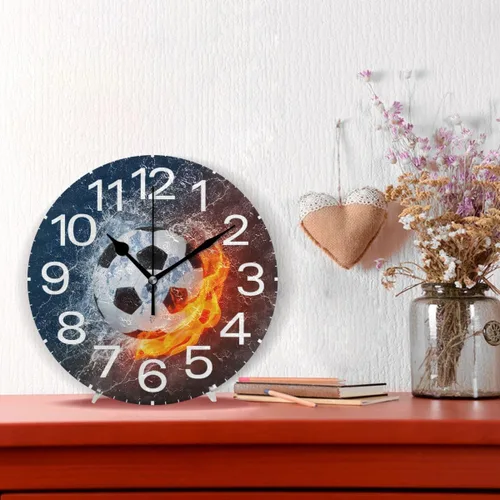 Miniatura 2 de Kigai Reloj de pared de balón de fútbol en fuego y agua, silencioso sin tictac, 10 pulgadas, funciona con pilas, relojes de pared redondos