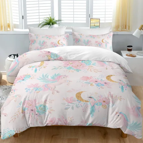 BEDMUST Funda de edredón de unicornio tamaño individual, suave y lindo juego de ropa de cama de unicornio rosa con hojas de flores y pájaros azules,