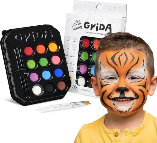 Grida - Pintura facial para niños, kit profesional de pintura facial para fiestas para niños con 12 colores vibrantes con doble blanco, fácil de
