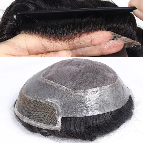 HAPPY&CC Toupee - Piezas de cabello humano con encaje frontal suizo para hombre, parte superior fina mono con poliuretano alrededor de sistema de #1B