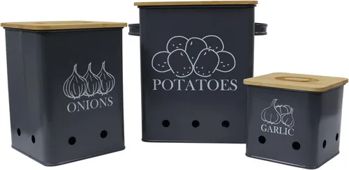 Miniatura 10 de Juego de 2 latas de almacenamiento de verduras de cocina, cebolla y papas con tapa de madera y agujeros de aireación, organizador de contenedor