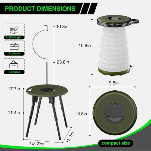 Miniatura 8 de Juego de mesa de camping LED con taburetes, capacidad de 300 libras, altura ajustable, mesa plegable y sillas, diseño compacto todo en uno para Negro